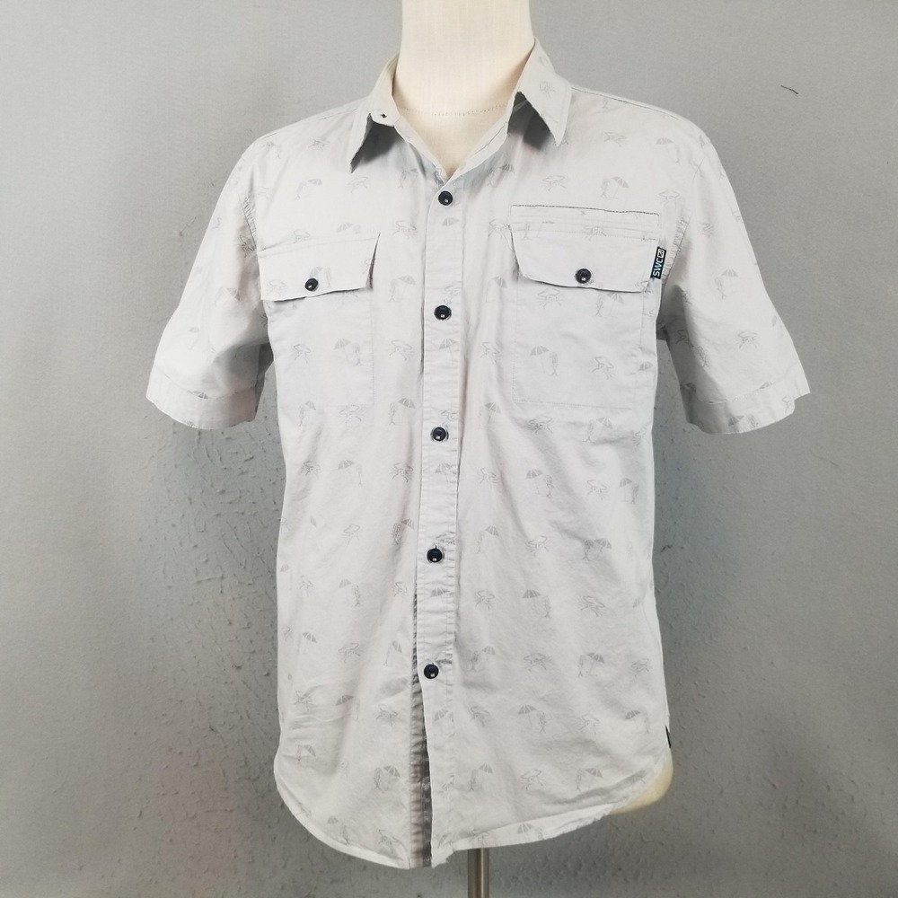 SWC Shirt Mens Large Gray Beach Print Vented Fishing Button Front Casual